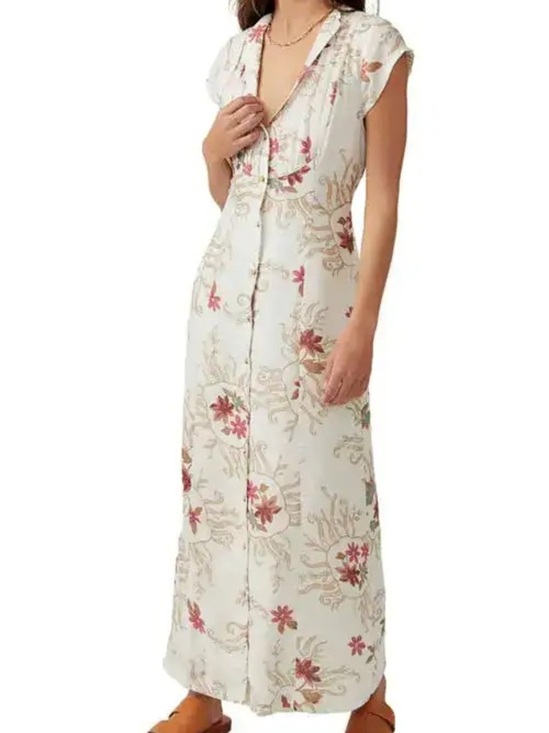 Free People Dresses & Skirts - Free People Ivory Floral Button Front Boho Maxi Dress Large